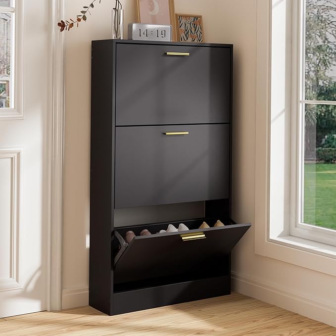Kitchen Furniture LYNSOM LYNSOM Shoe Cabinet, Free Standing Tipping Bucket Shoe Rack Organizer with 3 Flip Drawers, Modern Entryway Shoe Storage with Top Display, Narrow Slim Hidde