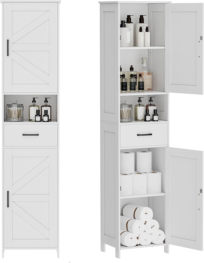 Bathroom Storage Homhedy Homhedy 67" H Tall Bathroom Storage Cabinet with 2 Barn Doors and 1 Drawer, Narrow Storage Unit, Adjustable Shelves, Floor Cabinet for Bathroom, Living Roo