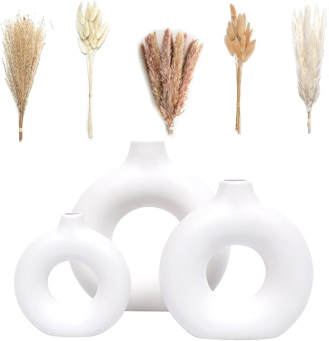 Living Room Decor VELOVA VELOVA Set of 3 White Ceramic Vase with 65 PCS Dried Pampas Grass Flowers Aesthetic Boho Modern Small Round Cute Vases for Decor Living Room Coffee Table S