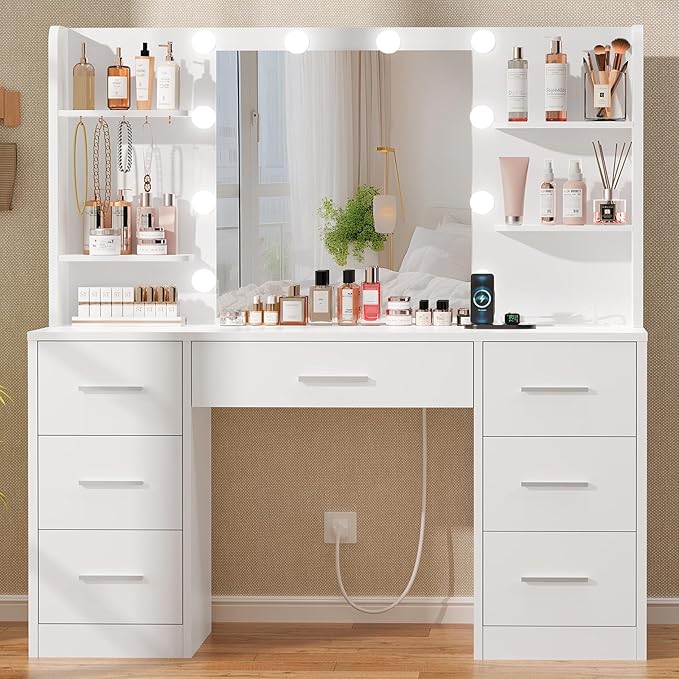 Bedroom Furniture Quimoo Large Vanity Desk with LED Lighted Mirror & Power Outlet,Makeup Vanity Table with 7 Drawers,4 Shelves and 5 Hooks,Vanity Table, Vanity Desk Set for 