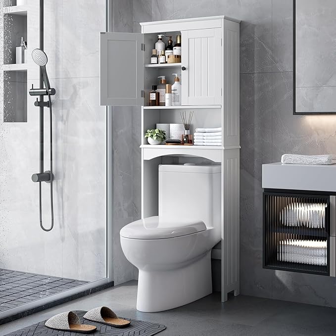 Kitchen Furniture Bealife Bealife Over The Toilet Storage Cabinet with Open Shelf, Organizer with Adjustable Shelf and Double Doors,Over The Toilet Storage Shelf Free Standing- White