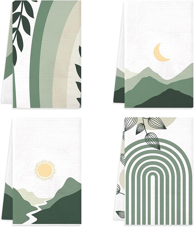 Kitchen Decor Lebsitey Boho Kitchen Towels Set of 4, Boho Bohemian Sun Moon Kitchen Towels Decorative Set, Bohemian Green Hand Tea Towels for Bathroom Decor, 16x24inch