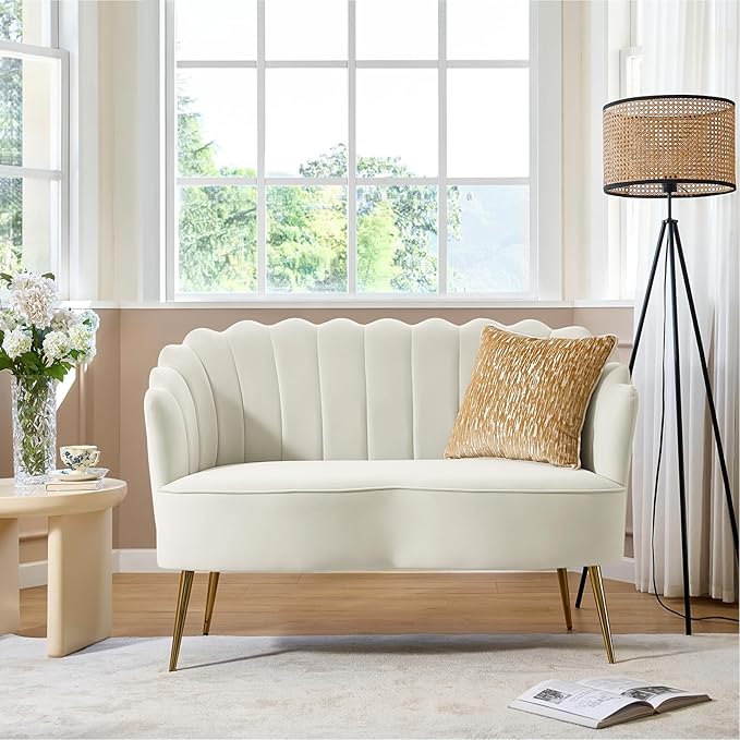 Living Room Furniture HULALA HOME HULALA HOME Modern Velvet Loveseat Sofa with Flower Shaped Back, Comfy Upholstered 2-Seater Sofa with Gold Metal Legs, Small Love Seat Accent Couc