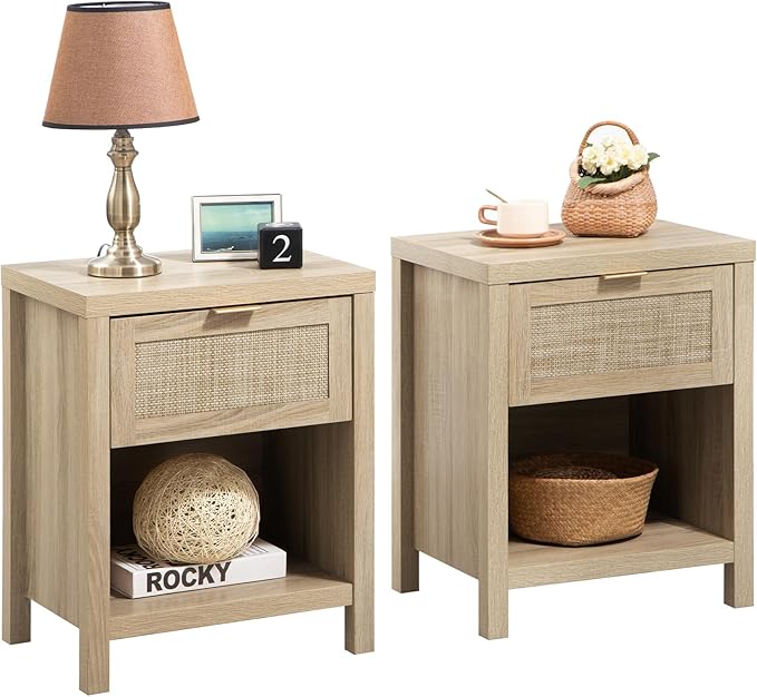 Bedroom Furniture SICOTAS SICOTAS Rattan Nightstands Set of 2, Farmhouse Night Stand Bedside Table with Drawer and Storage Shelf - Boho End Side Table for Bedroom, Light Oak