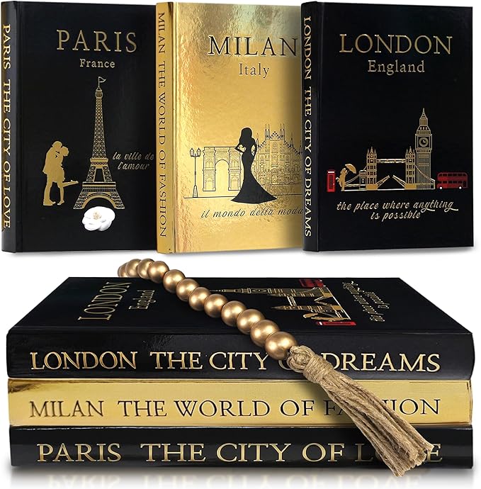 Living Room Furniture SIMPLIFY ASTHETIC Decorative Books Set of 3 with Golden Garland Bead - Decorative Books for Coffee Table, Home Decor - Designer Books Decor Set - Faux Books f