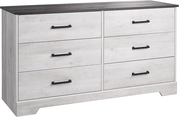 Bedroom Organisation Prepac Prepac Rustic Ridge Farmhouse 6-Drawer Double Dresser, Washed White Dresser for Bedroom, Chest of Drawers with 6 Storage Drawers, 53.25” wide x 18.25” d