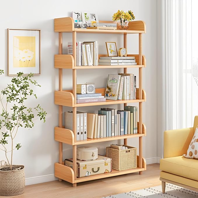 Living Room Furniture OSCHF 5-Tier Wooden Open Bookcase - Modern Display Bookshelf with Top Edge and Solid Wood Frame for Home and Office, Storage Cabinet, Oak