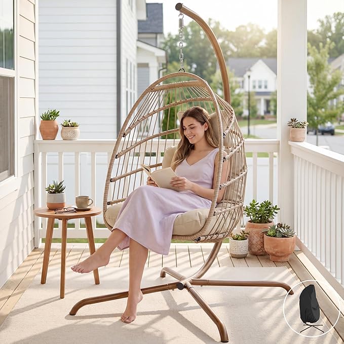 Bedroom Furniture NICESOUL NICESOUL Egg Chair with Stand Indoor Outdoor, All-Weather Hanging Hammock Chairs with Cushion, 350Lbs Durable Wicker Egg Shell Swing Chair for Bedroom, L
