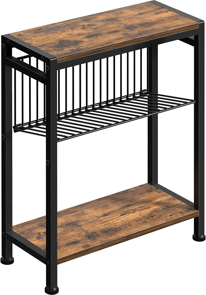 Bedroom Furniture Homedawn Small Side Table for Small Space, 3-Tier Narrow End Table with Magazine Holder,Slim Nightstand, Skinny Snack Couch Table in Living Room, Bedroom Study an