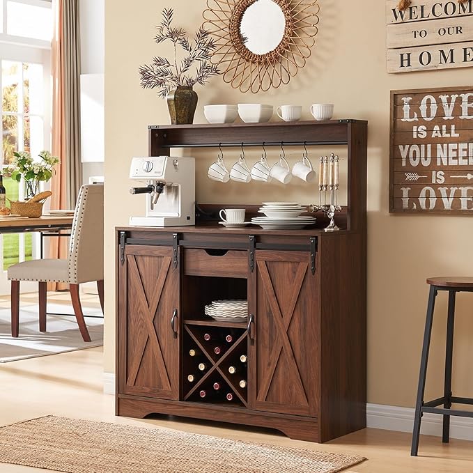 Living Room Furniture Wnutrees Wnutrees Farmhouse Coffee Bar Cabinet with Charging Station and USB Ports, Sliding Barn Door, 39" Kitchen Hutch Sideboard Buffet Storage Cabinet
