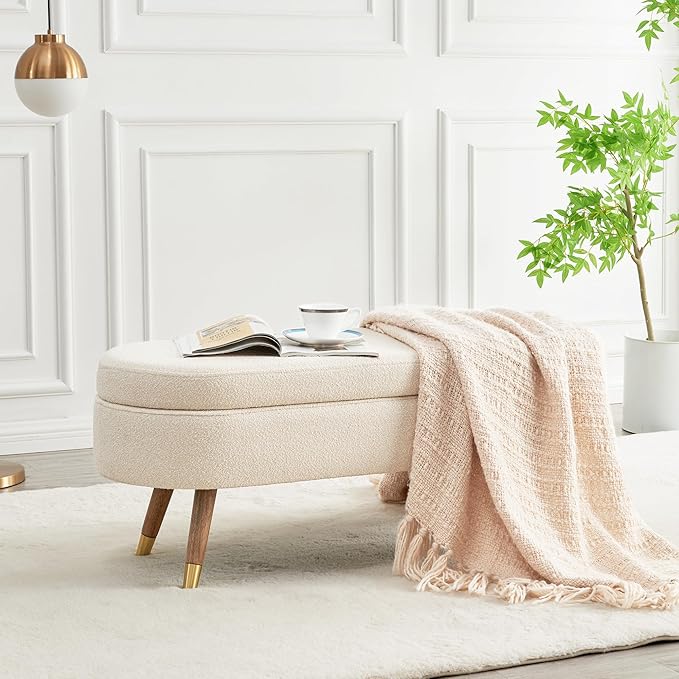 Living Room Furniture IAFIKE IAFIKE Oval Storage Bench 43.5" Ottoman Bench Upholstered Boucle Fabric Footrest Bench with Golden Metal Legs End of Bed for Bedroom, Living Room, Entryway,Bed Side (Beige)