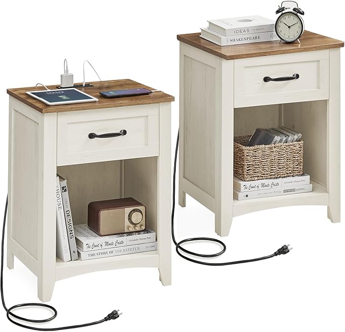 Bedroom Furniture VASAGLE VASAGLE LIRY Collection - Farmhouse Nightstands with Charging Station, Set of 2 Bedside Tables, Side Tables with Drawer, Open Compartment, for Bedroom, Ru