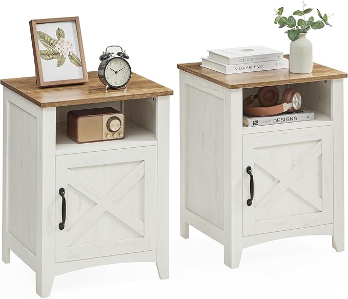 Bedroom Furniture VASAGLE VASAGLE LIRY Collection - Farmhouse Nightstand with Barn Door, Set of 2, Bedside Table with Storage, Side End Table, Night Stand, Open Compartment, for Be