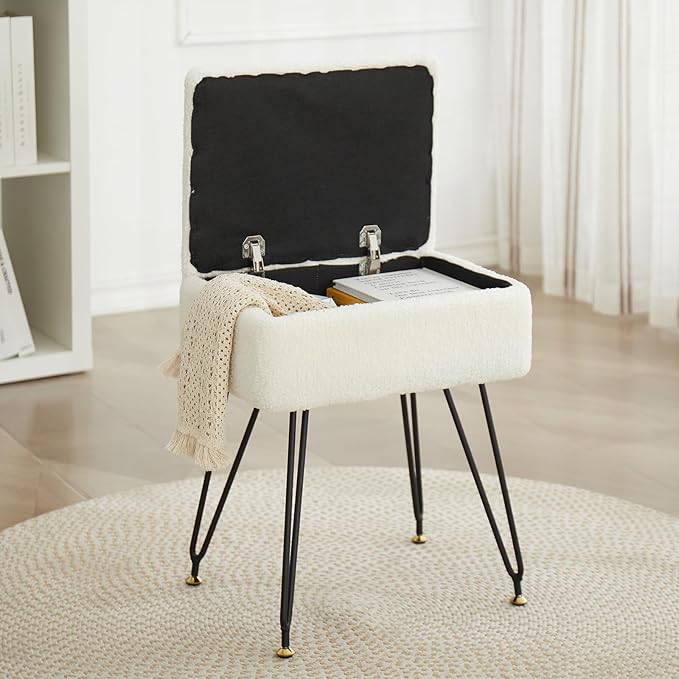 Bedroom Furniture Leesingdo Vanity Stool Chair, Faux Teddy Fur Ottoman with Metal Legs & Adjustable Black Feet, Flip Top Storage Makeup Chair with Soft Padded Seat