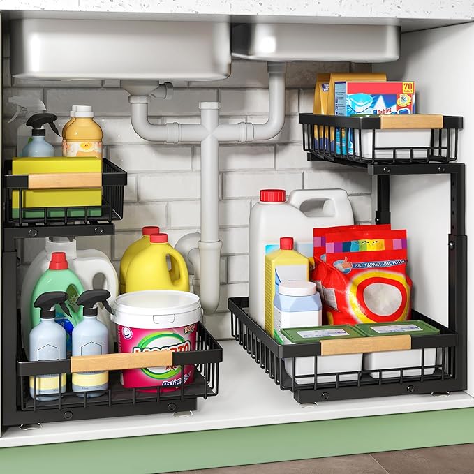 Kitchen Organisation Kitstorack Kitstorack Under Sink Organizer, 2 Tier Under the Sink Storage, Slide out Pull out Cabinet Organizer Shelf, Metal Sliding Drawer for Kitchen Bathroo
