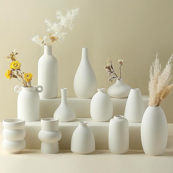 Living Room Decor Parlamain Set of 12 White Ceramic Vase for Pampas Grass Flowers, Japandi Small Vases in Bulk for Wedding Centerpieces, Shelf and Table Decorations, Living Room and Bedroom Decor
