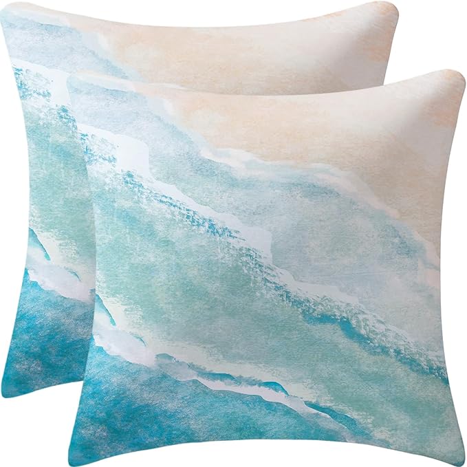 Living Room Decor De-Mediocre Beach Watercolor Blue Pillow Covers Sea Ocean Nature Scenery Decorative Throw Pillows Pillowcase Square Cushion Case for Couch Sofa Bed Bedroom Car Li