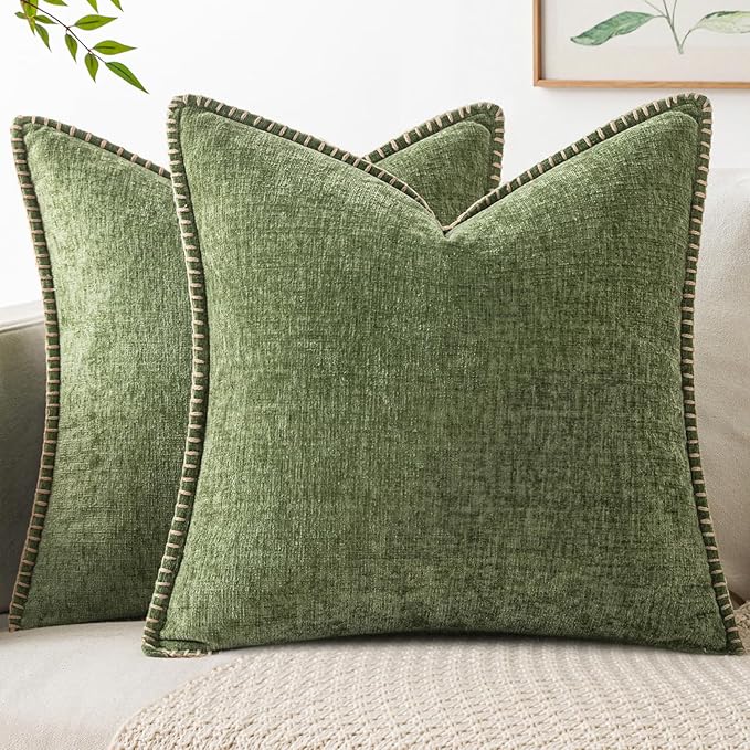 Living Room Decor MIULEE MIULEE Pack of 2 Couch Throw Pillow Covers 18x18 Inch Sage Green Farmhouse Decorative Pillow Covers with Stitched Edge Soft Chenille Solid Dyed Summer Pillow Covers for Sofa