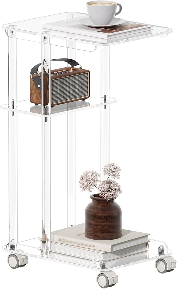 Living Room Furniture HMYHUM Acrylic C Shaped Table with Wheels, Clear Rolling Side/End Table for Couch, Living Room, Bedroom, Slide Under Sofa Table for Small Spaces, 15.6"