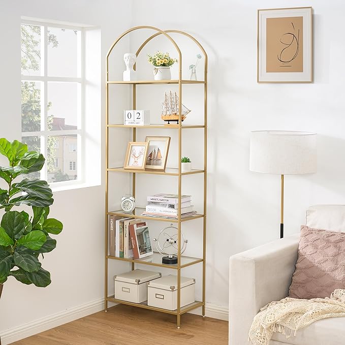 Living Room Furniture Homhedy Homhedy Bookshelf Arched Display Racks,Metal Bookcase,Tempered Glass Shelves,Storage Rack Shelf for Home Office,Living Room,Bedroom, Bathroom,Modern S