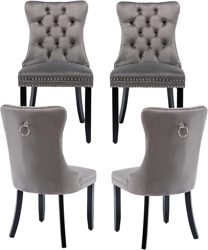 Bedroom Furniture MZDOO Grey Velvet Dining Chairs Set of 4, Tufted Upholstered Dining Room Chairs with Back Ring Pull, Nailhead Trim and Solid Wood Legs, Modern Dining Chair for Di