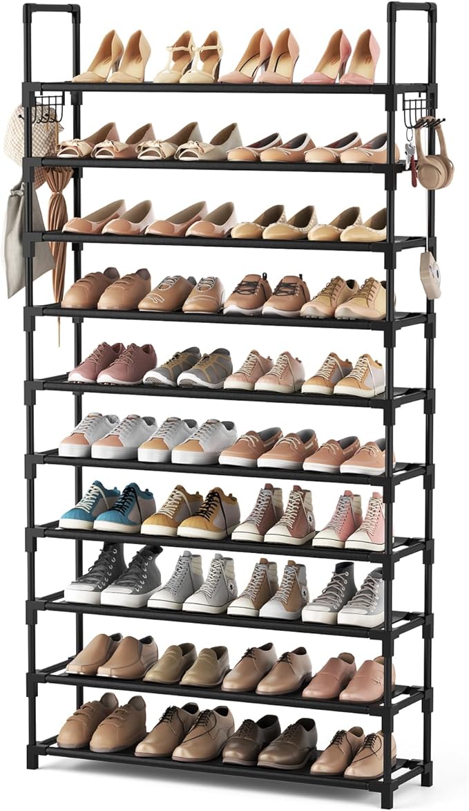 Bathroom Storage VTRIN VTRIN 10 Tier Shoe Rack Tall Large Capacity Wide Shoe Organizer with Two Hooks Sturdy Metal Shoe Shelf for Entryway, Closet, Bedroom