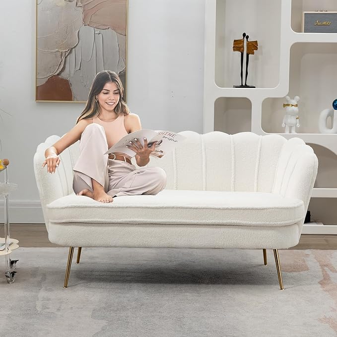 Living Room Furniture Gustonhon Modern Boucle Loveseat Couch,Futon Small Sofa with Gold Metal Legs ,2-Seater Upholstered Mini Sofa Couches for Small Space,Living Room Bedroom Offic