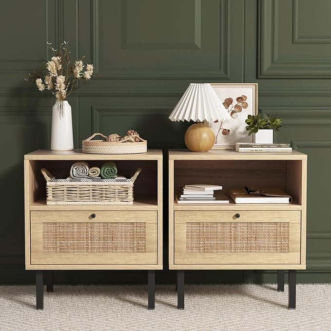 Bedroom Furniture Angel Sar Angel Sar Rattan Nightstands Set of 2, Boho Night Stand with 1 Door, Accent End Table, Wood Bediside Table with Metal Legs&Open Shelf, Natural Wood
