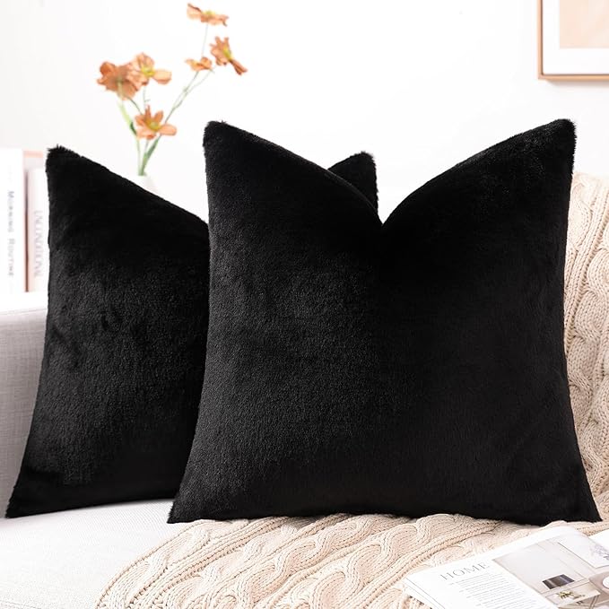 Bedroom Decor Pallene Pallene Faux Fur Plush Throw Pillow Covers 18x18 Set of 2, Luxury Soft Fluffy Cozy Decorative Pillow Covers for Sofa, Couch, Living Room, Black