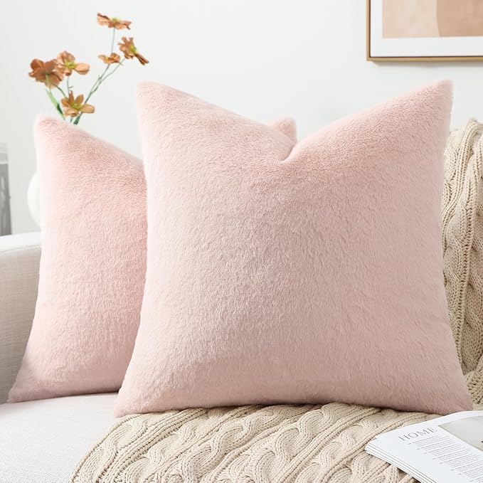 Living Room Furniture Pallene Pallene Faux Fur Plush Throw Pillow Covers 18x18 Set of 2, Luxury Soft Fluffy Cozy Decorative Pillow Covers for Sofa, Couch, Living Room, Blush Pink