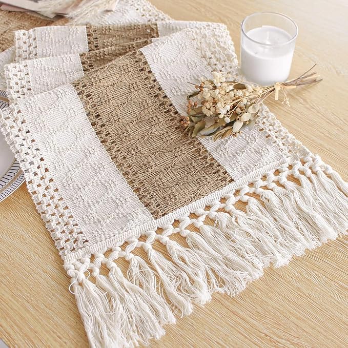 Kitchen Decor FEXIA Boho Table Runner with Tassels 60 Inches Long Christmas Thanksgiving Farmhouse Rustic Cream & Brown Macrame Table Runner for Home Dining Bedroom Bridal Shower Decor