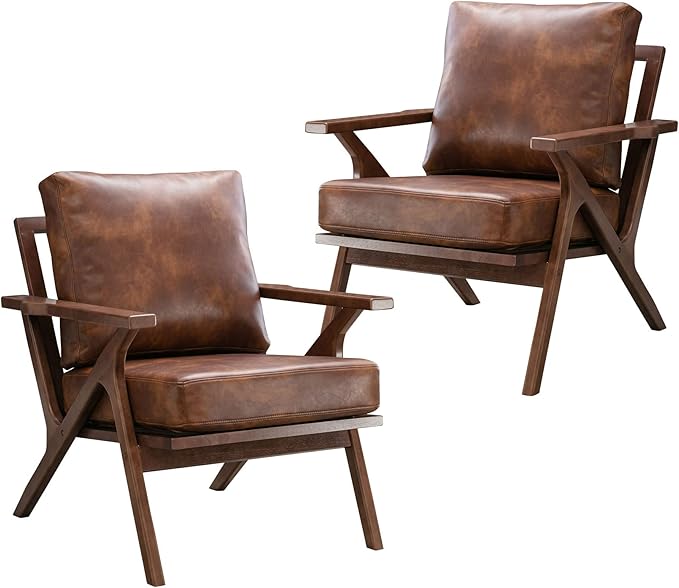 Living Room Small Space Bonzy Home Bonzy Home Mid Century Modern Chairs,Accent Chairs Set of 2, Comfy Upholstered PU Leather Armchair with Solid Wood Frame, Retro Leisure Chair Rea
