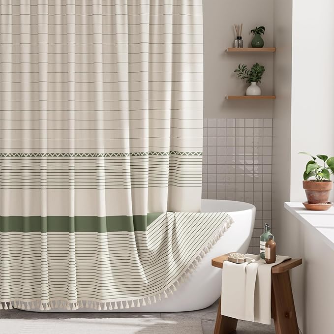 Bathroom Storage AmazerBath AmazerBath Boho Shower Curtain, Modern Farmhouse Shower Curtain Set with Tassels, Rustic Faux Linen Green Striped Shower Curtain with Hooks, Light Tan T