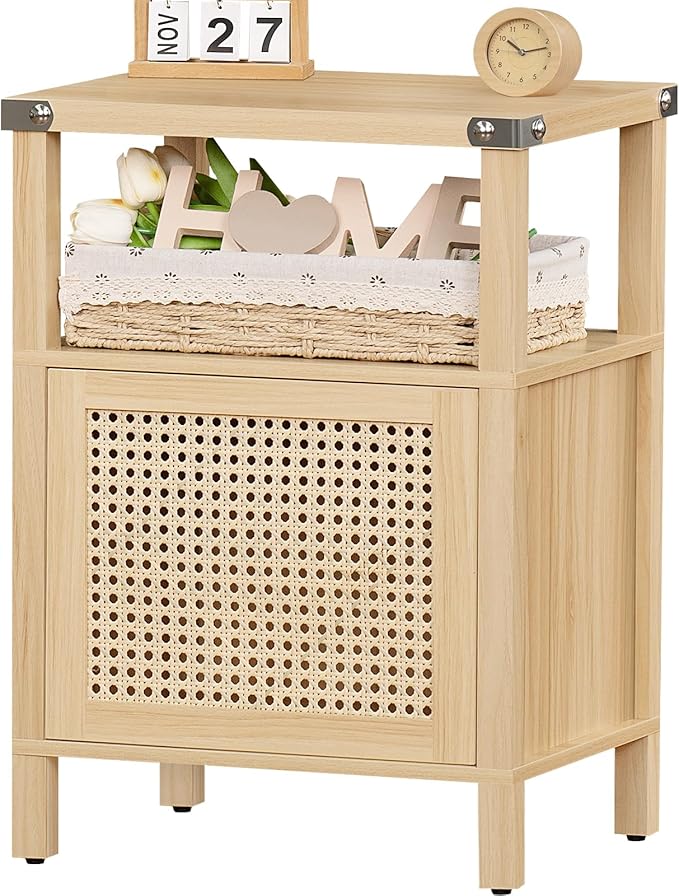Bedroom Furniture Lerliuo Lerliuo Rattan Nightstand, Boho Side End Table with Handmade Natural Rattan Decorated Door and Open Shelf, Wood Accent Night Stand with Storage, Bedside T