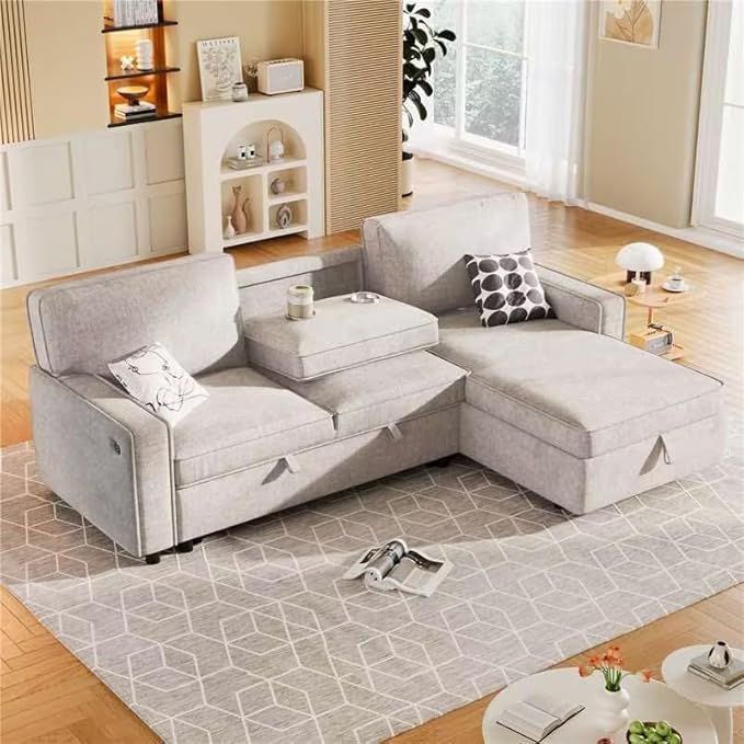 Living Room Furniture LUMISOL LUMISOL 89" Convertible Sleeper Sofa Bed, Modern L-Shaped Sectional Couch Bed with Convertible Chaise, Chenille Pull Out Sofa with Cup Holders & Charg