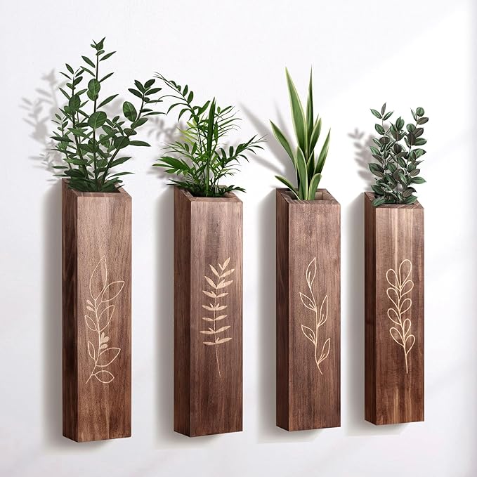 Living Room Decor BOTOP 4 Pack Wood Indoor Wall Planter, Modern Boho Wall Decor for Living Room Bedroom, Farmhouse Pocket Vases for Dried Flowers and Faux Greenery Plants - Brown
