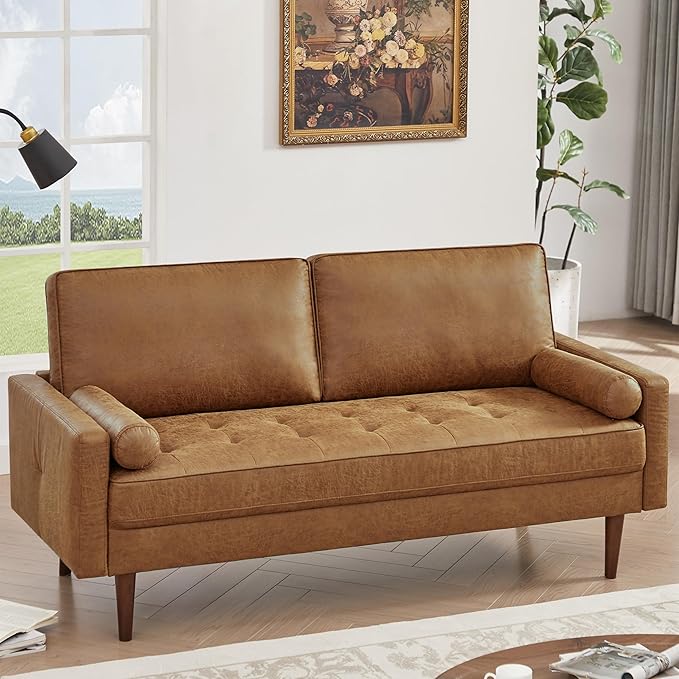 Living Room Furniture HIFIT HIFIT 58" Loveseat Sofa Couch, Mid Century Modern Faux Leather Couch with Hand-Sewn Deep Love Seat & 2Pillows, Home Sofa Living Room Small Couches for S