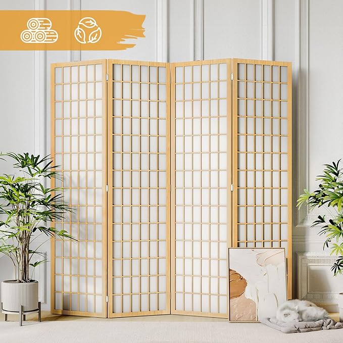Living Room Furniture JOSTYLE JOSTYLE Room Divider Wall 4 Panel, 6Ft Folding Privacy Screen for Room Separation, Shoji Screen Japanese Style Room Divider, Natural, 70.9 H x 69 W