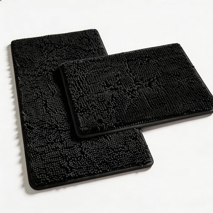 Bathroom Decor RUN HELIX RUN HELIX Bathroom Rugs Set 2 Piece Thick Chenille Bath Mats, Soft Quick Dry Plush Absorbent Bath Rugs with Non-Slip PVC Backing, 32x20+24x16 Inch Black