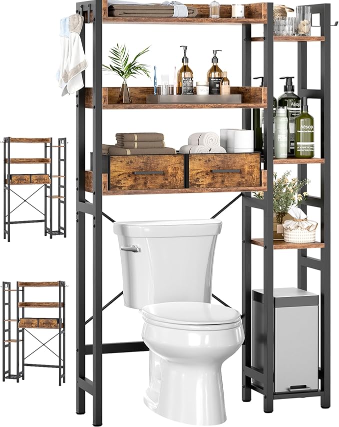 Kitchen Furniture Besiost Over The Toilet Storage with 2 Drawers - 7 Tier Bathroom Organizer with Adjustable Shelf, Freestanding Space Saver Storage Rack Above Toilet Stand with 4 