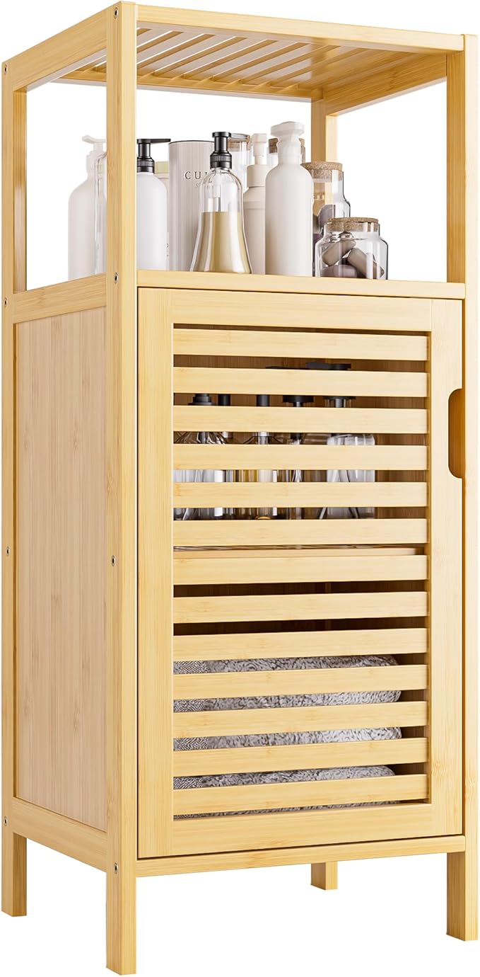 Bathroom Storage HITNET HITNET Bathroom Cabinet Freestanding, Small Bamboo Floor Cabinet, 4 Tier Single Door Sofa Side Table Storage Organizer, Space Saving Kitchen Cupboard, Natural
