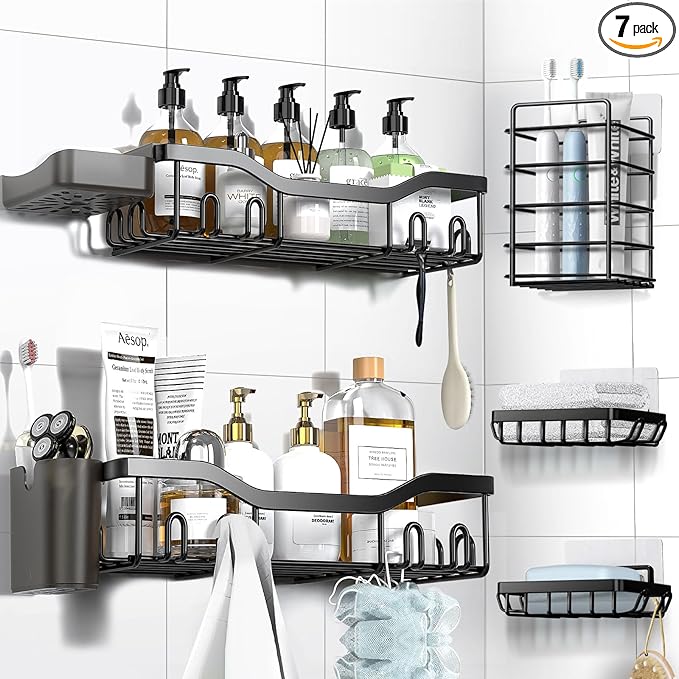Bathroom Storage NESOMI Shower Caddy Adhesive Shower Organizer 7-Pack, Rustproof Stainless Steel Bathroom Shelves, Large Capacity No-Drill Rack Storage Accessories with Soap Dish T