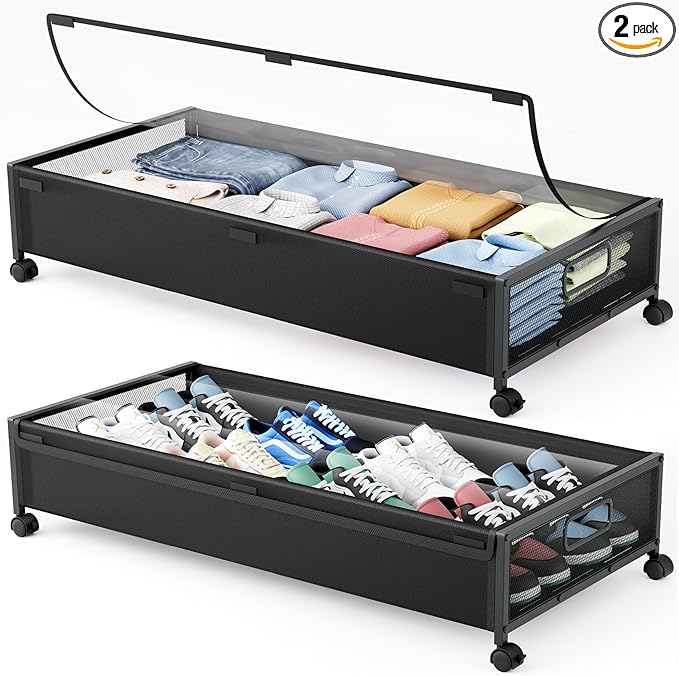 Bedroom Storage LeArex Under Bed Storage Containers with Wheels 2 Pack Underbed Shoe Storage Bedroom Storage Bins Organizer Large Capacity Under Bed Storage with Lid for Clothes Sh