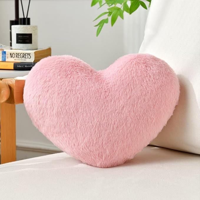 Living Room Decor IREMATE Heart Pillow Pink Throw Pillows Decorative Pillows for Bed Couch Cute Faux Rabbit Fur Small Pillow for Women Valentine Anniversary Fall Halloween Christma