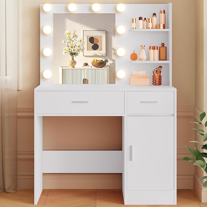 Bedroom Furniture LIVELYGLOW Lighted Makeup Vanity Desk, 35.4“W x 15.7