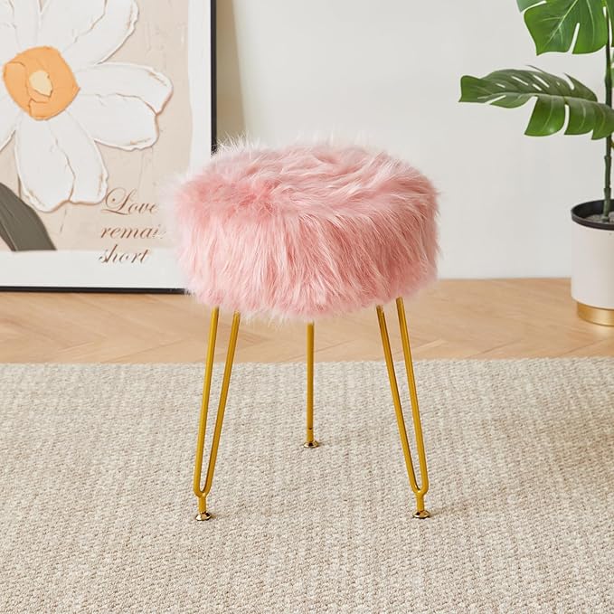 Bedroom Furniture IBUYKE Faux Fur Vanity Stool Chair, Furry Makeup Stool Ottoman, Soft Padded Seat