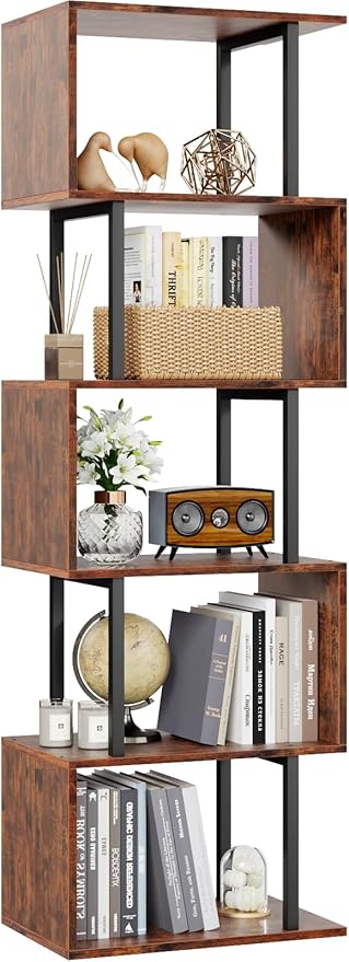Living Room Furniture Furologee Furologee 6 Tier Bookshelf, Tall S Shaped Geometric Bookcase, Modern Display Shelf Standing Unit, Wood Metal Decorative Divider Rack for Living Room