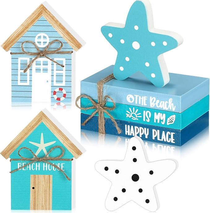 Living Room Decor Maitys Maitys 5 Pcs Beach Table Decor Summer Tiered Tray Decor Starfish Coastal House Wooden Block Sign Beach Tabletop Centerpieces Nautical Decorative Book Stack