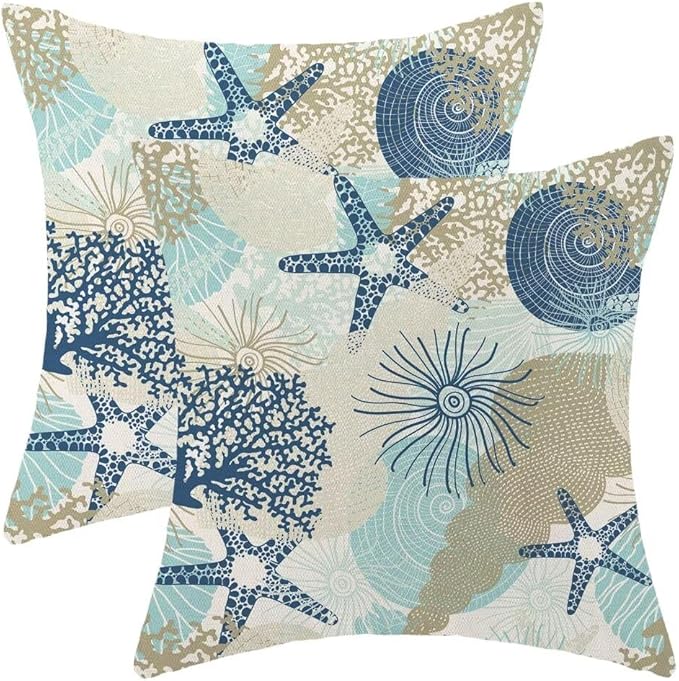 Living Room Decor BETGINY Nautical Coastal Throw Pillow Cover 18X18 Inch Pack of 2,Summer Beach Ocean Themed Decorative Pillow Covers Square Linen Starfish Seashell Pillow Cases Cu