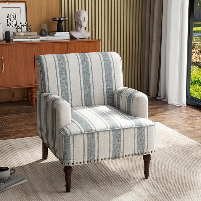 Kitchen Furniture UIXE UIXE Stripe Accent Chair, Living Room Arm Chairs Modern Nailhead Trim Club Armchair with Wood Legs, Comfy Upholstered Sofa Lounge Seat Reading Seat Bedroom S